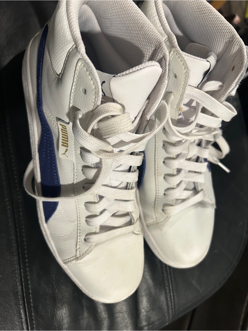 Puma White High-Top Sneakers with Blue Stripe